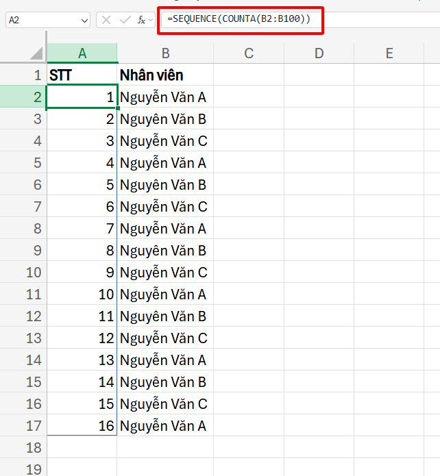 đánh số thứ tự hàm SEQUENCE tự động
