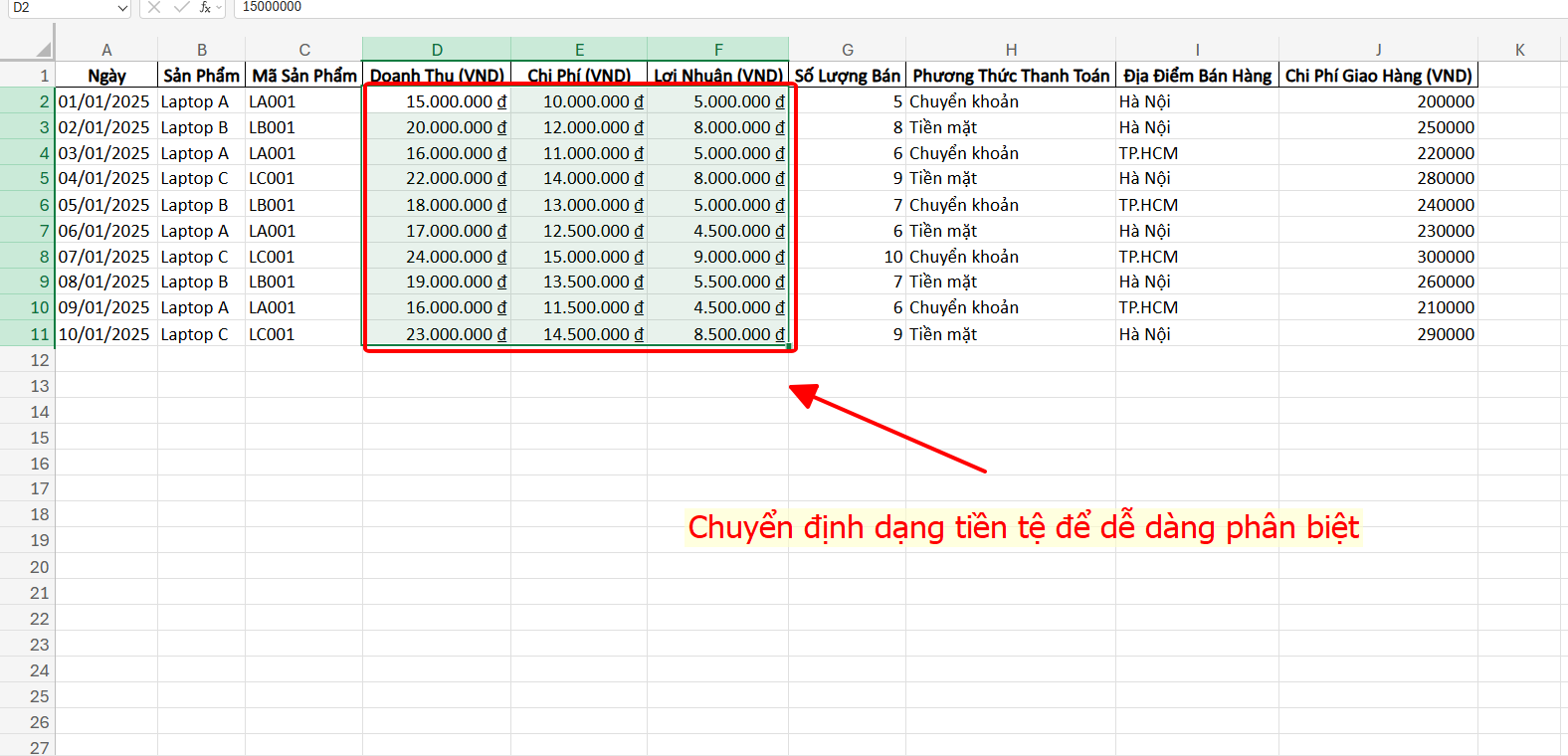 định dạng dữ liệu để làm báo cáo