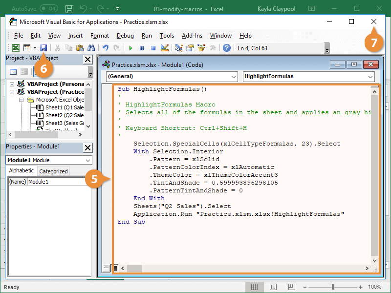 giao diện sửa mã VBA trong macro