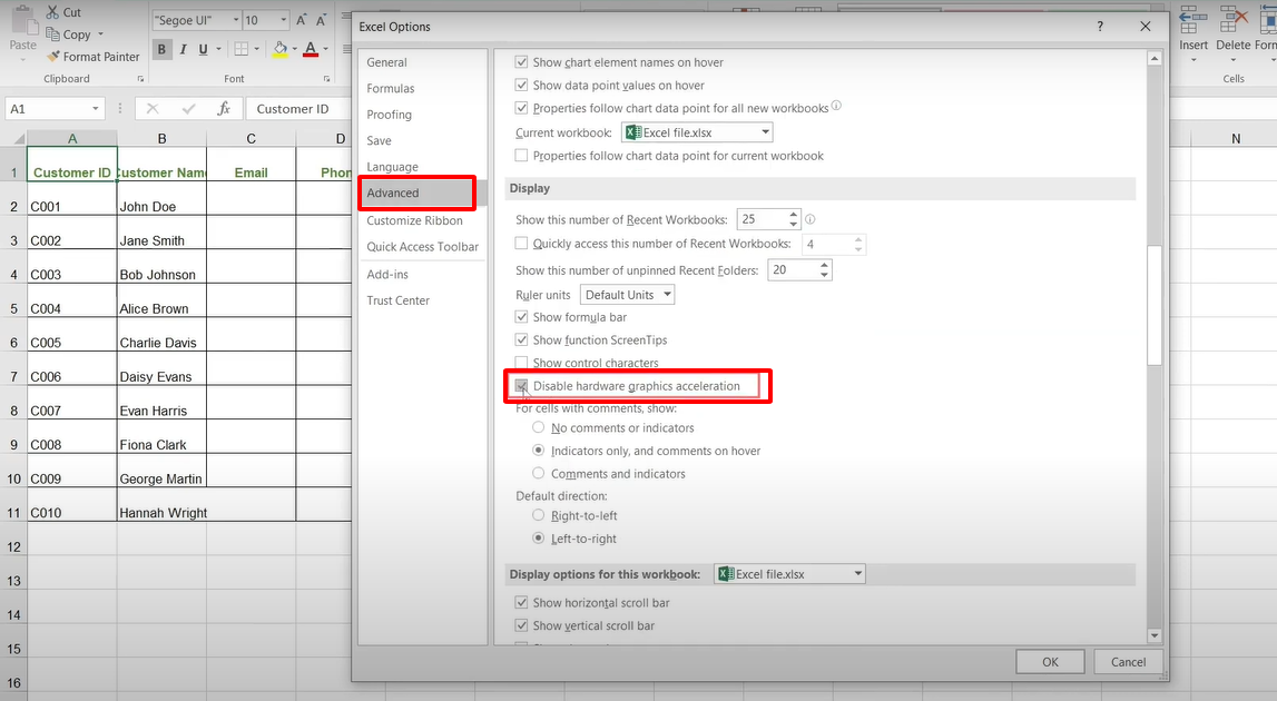 tắt acceleration trong Excel
