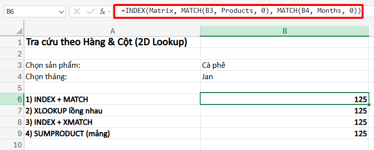 tìm dữ liệu theo hàng và cột với hàm INDEX + MATCH