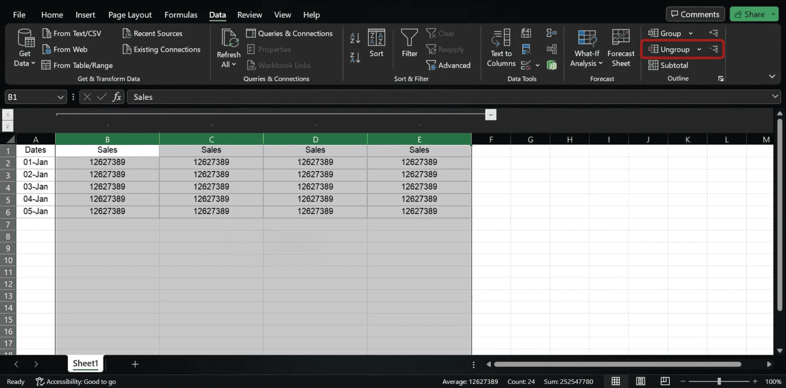 cách ungroup trong Excel