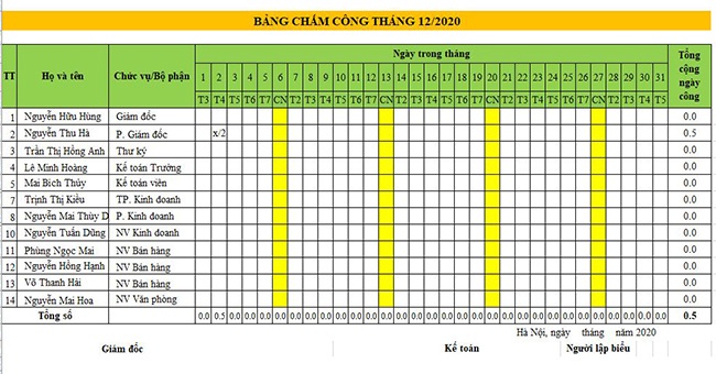 Tải mẫu Bảng chấm công năm 2021 trên Excel