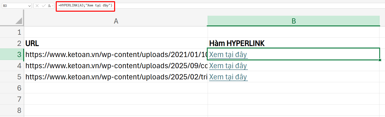 chèn link ảnh vào excel với hàm HYPERLINK