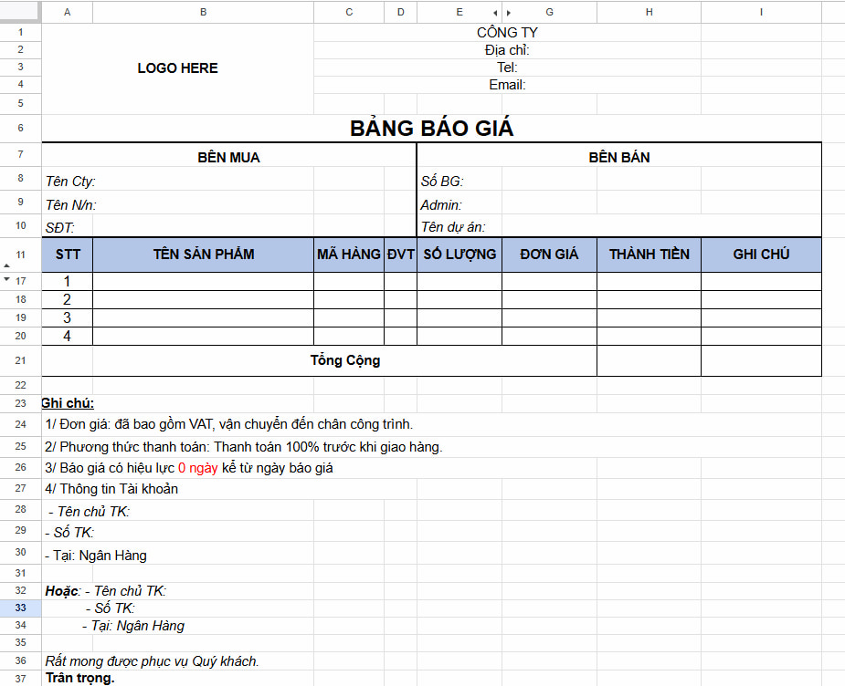 Bảng báo giá excel đầy đủ