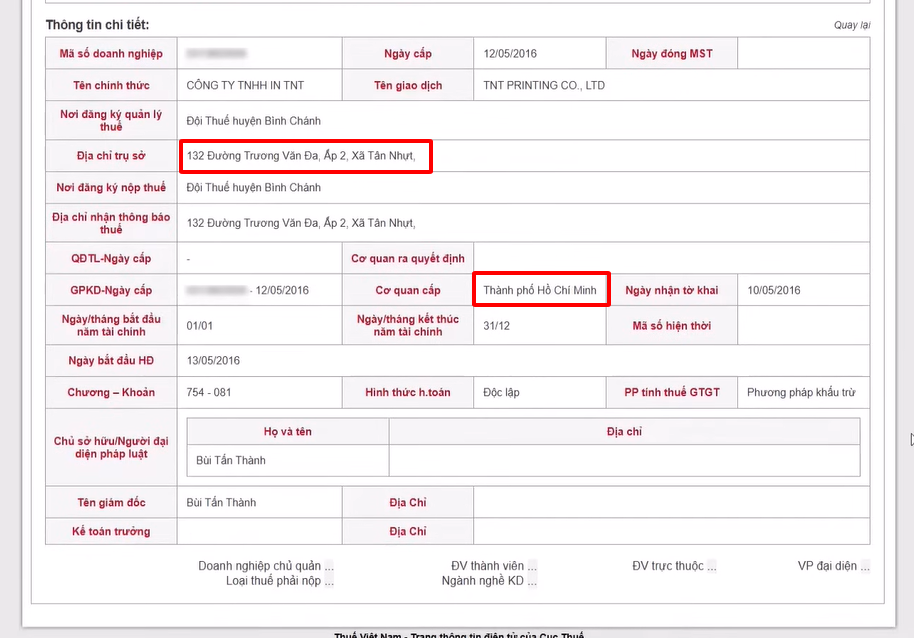 kết quả tra cứu thông tin người nộp thuế