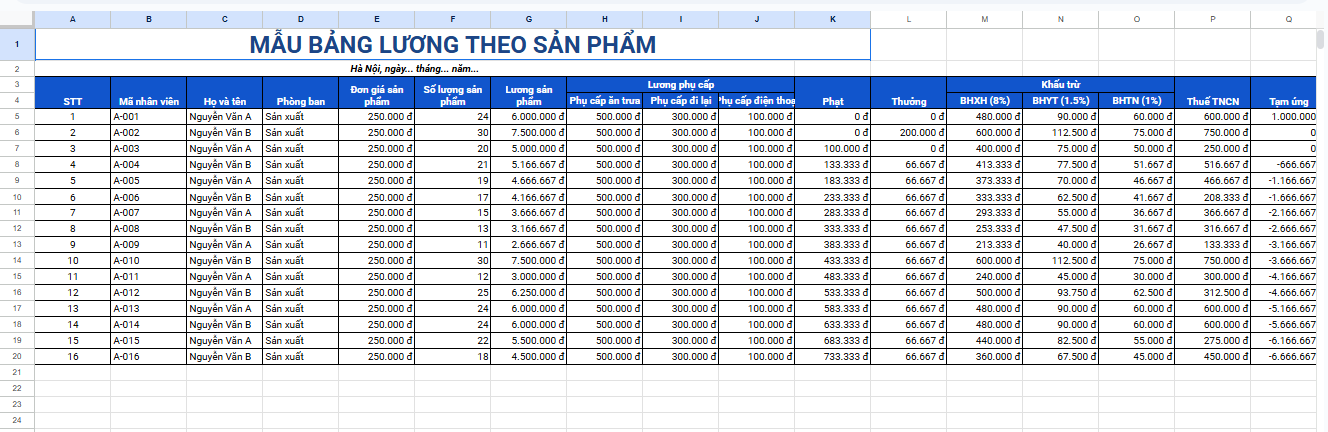 mẫu bảng lương theo sản phẩm