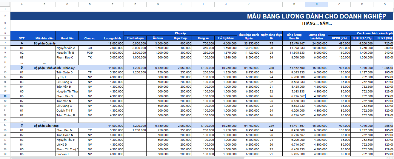 mẫu bảng tính lương theo tháng
