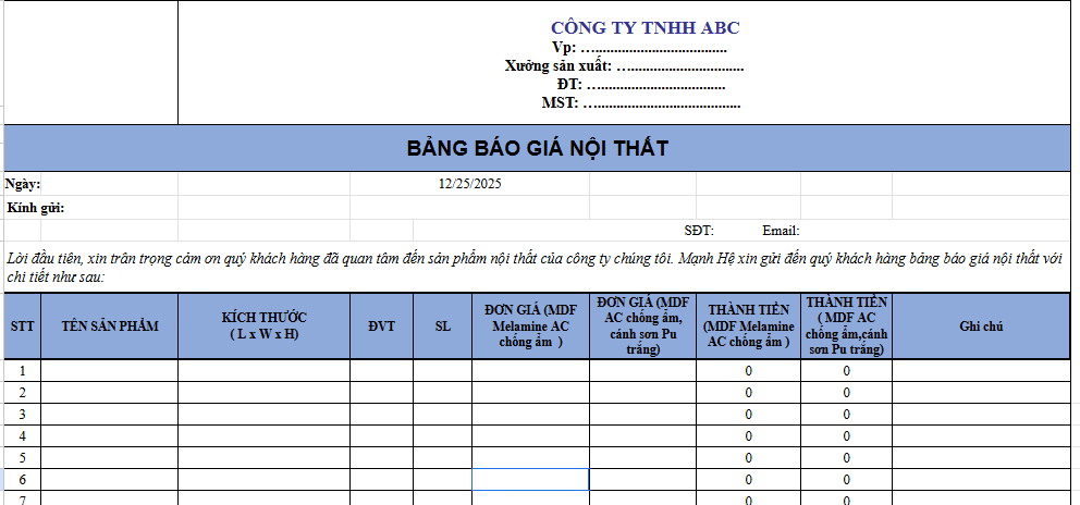 mẫu báo giá nội thất