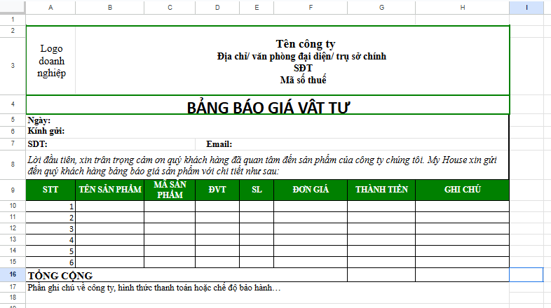 mẫu báo giá vật tư