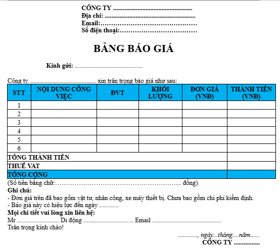 mẫu báo giá xây dựng