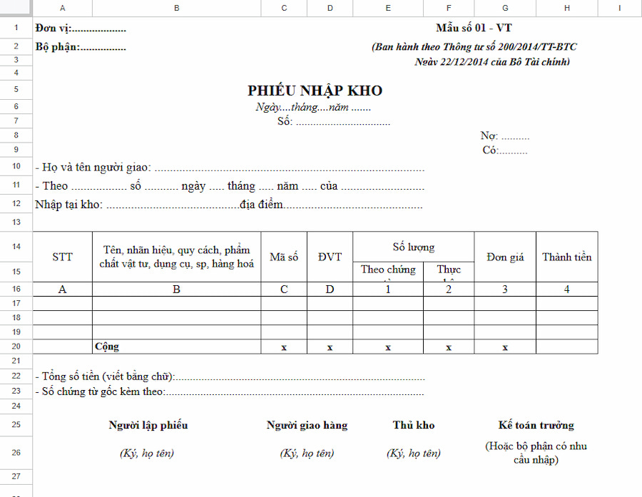 Mẫu phiếu nhập kho excel theo thông tư 200/2014/TT-BTC