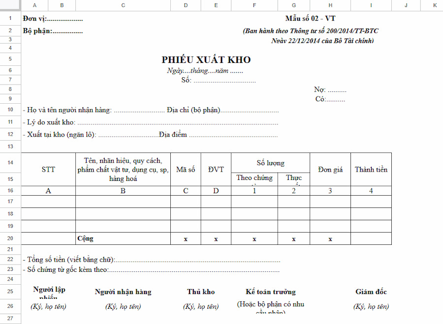 Mẫu phiếu xuất kho excel theo thông tư 200