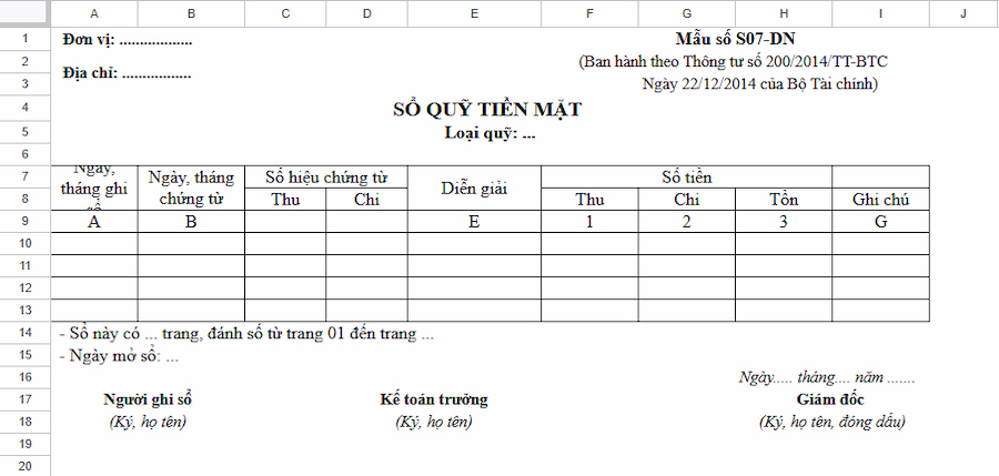 Mẫu sổ quỹ tiền mặt theo TT200