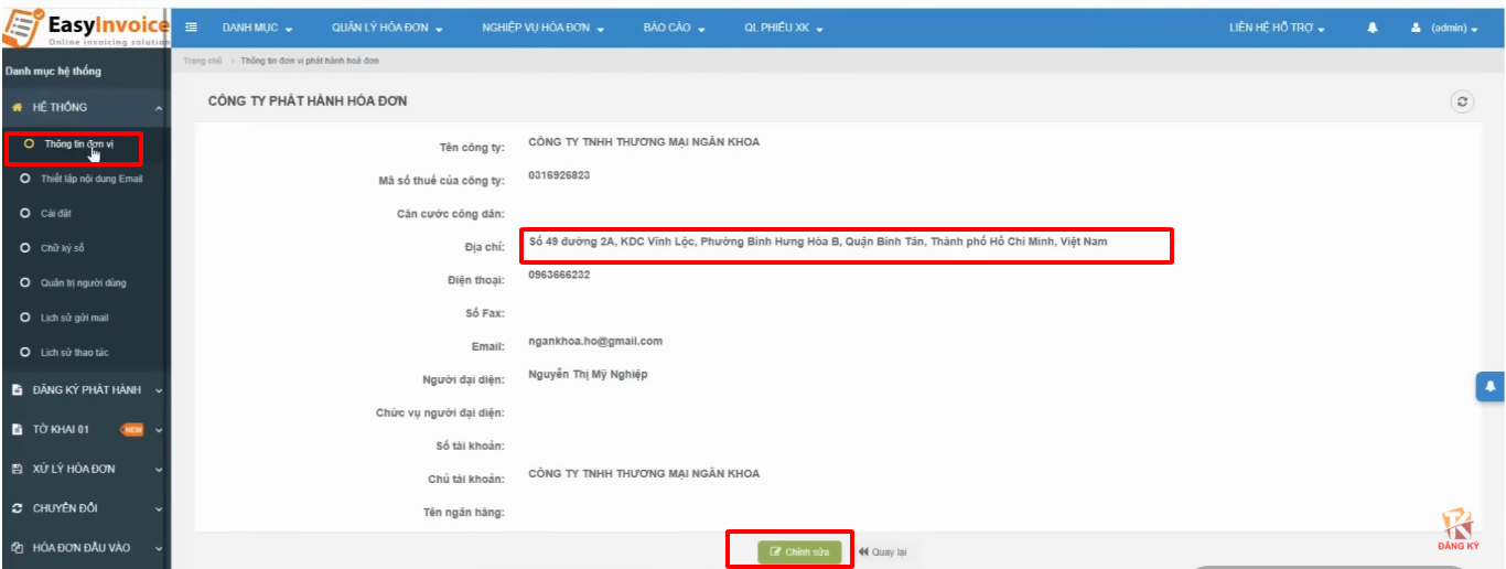 thay đổi thông tin địa chỉ nộp thuế trên phần mềm Easy EinVoice