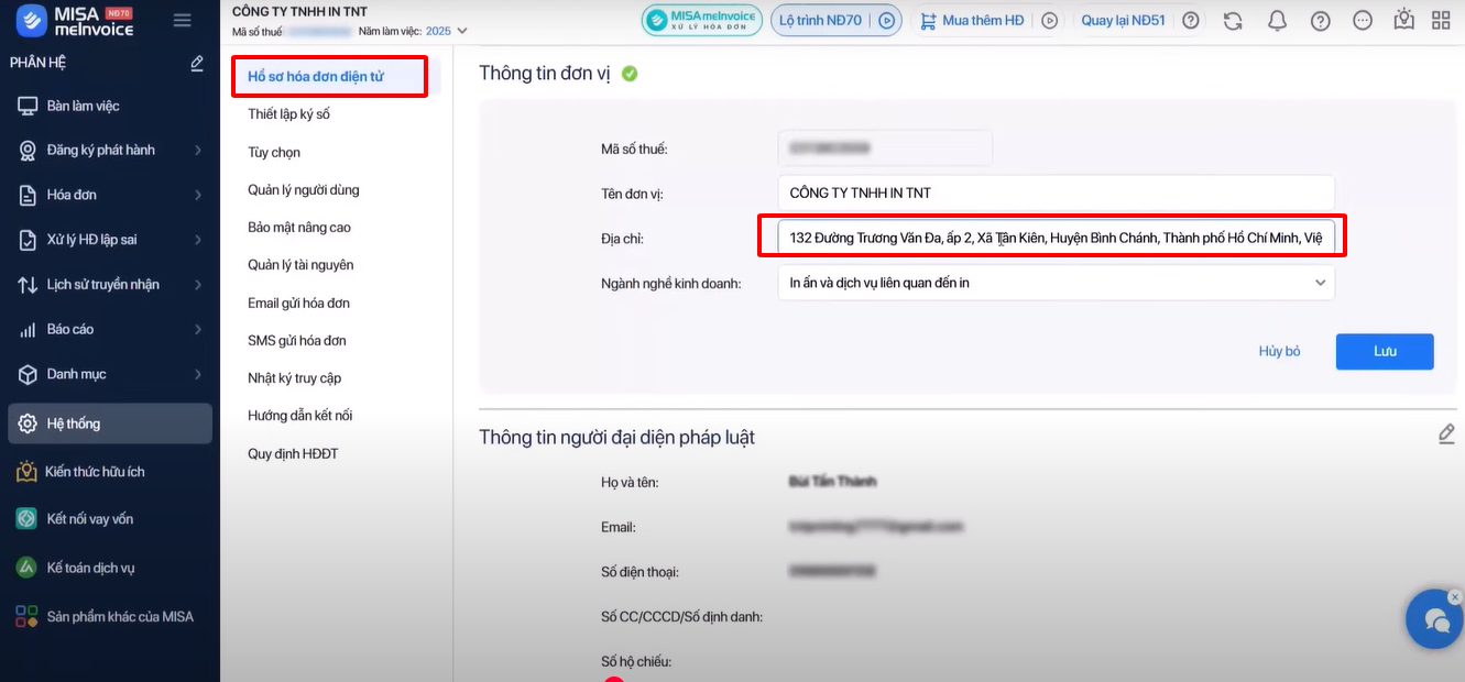 thay đổi thông tin địa chỉ nộp thuế trên phần mềm hóa đơn điện tử