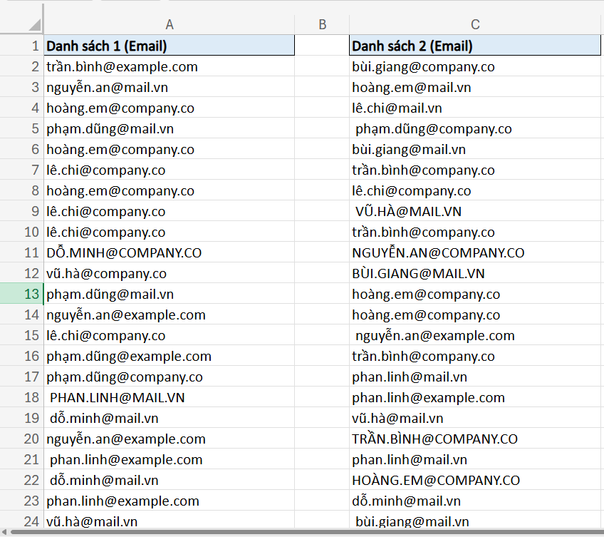 2 danh sách email để đếm giá trị trùng