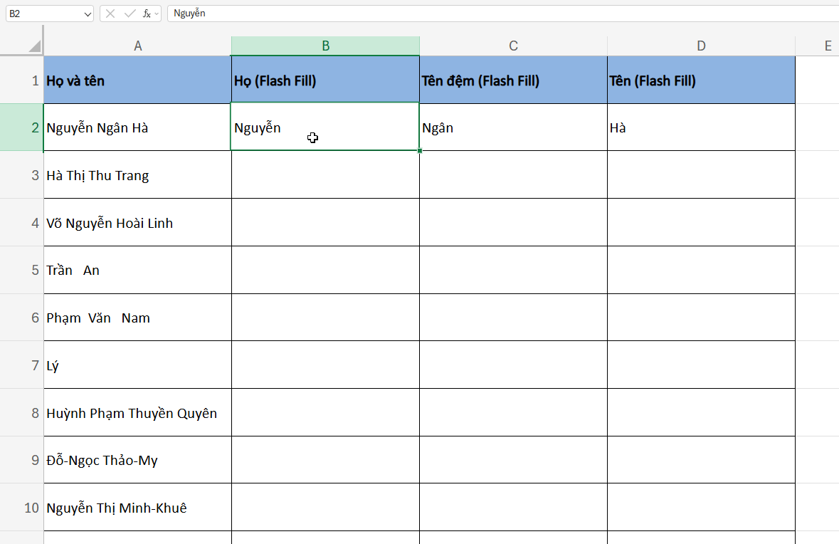 Sử dụng flash fill để tách họ và tên