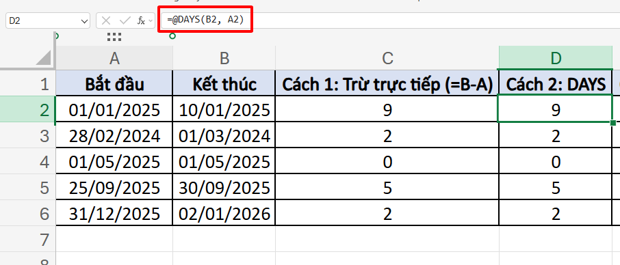 cách sử dụng hàm DAYS để tính số ngày giữa 2 mốc thời gian
