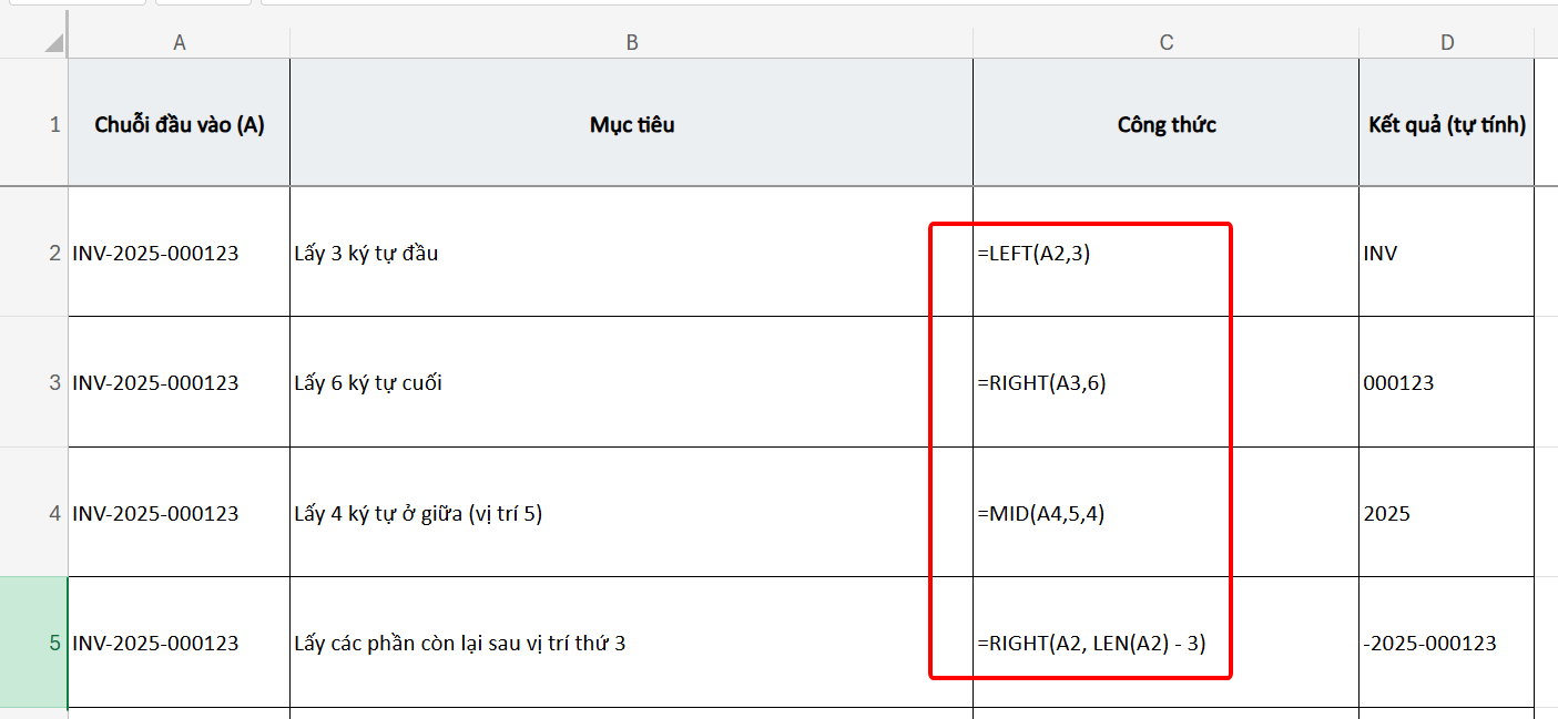 cách sử dụng hàm LEFT RIGHT MID để lấy ký tự