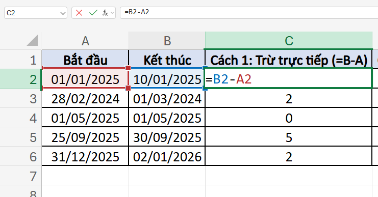 cách tính số ngày giữa 2 mốc thời gian bằng phép tính trừ