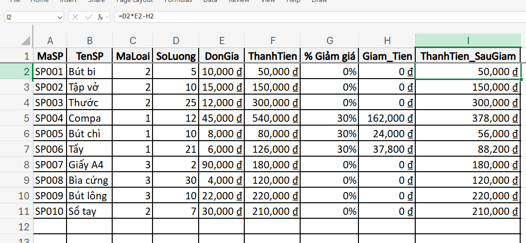 cách tính thành tiền theo loại sản phẩm