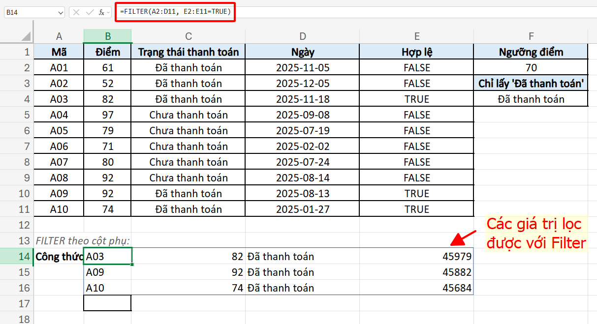 công thức hàm FILTER sử dụng hàm AND để tạo cột phụ