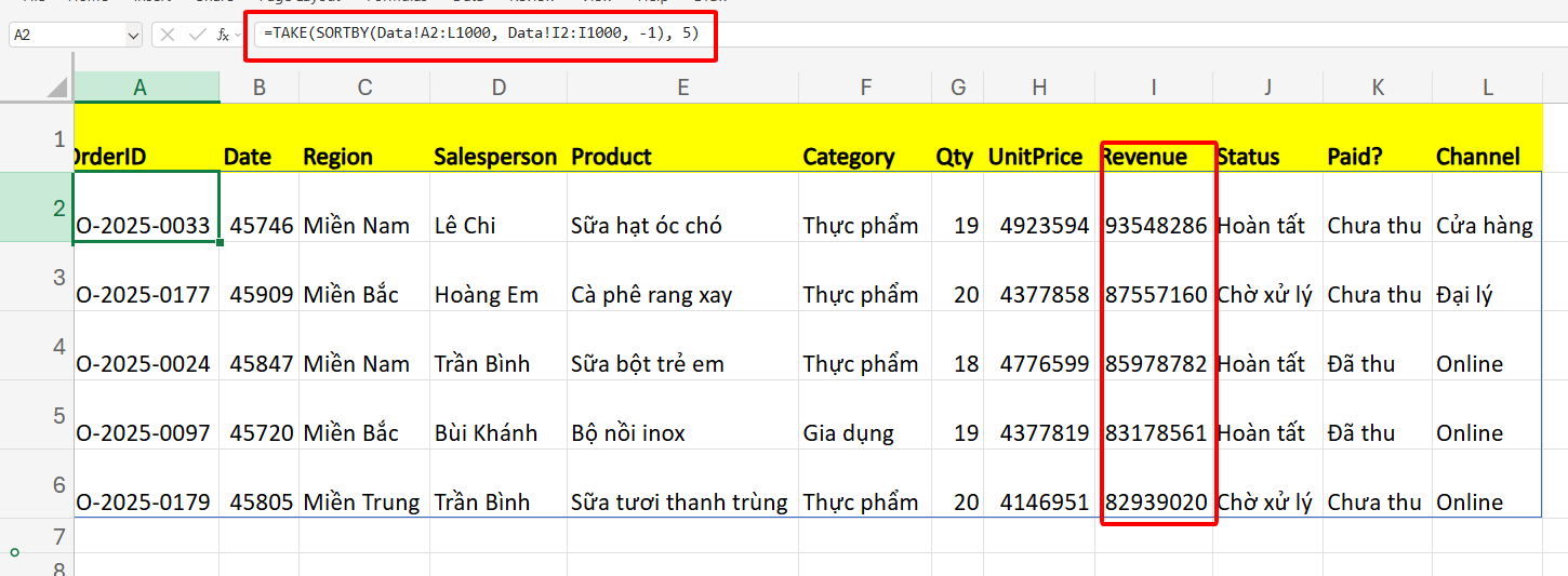 công thức lọc dữ liệu TOP N