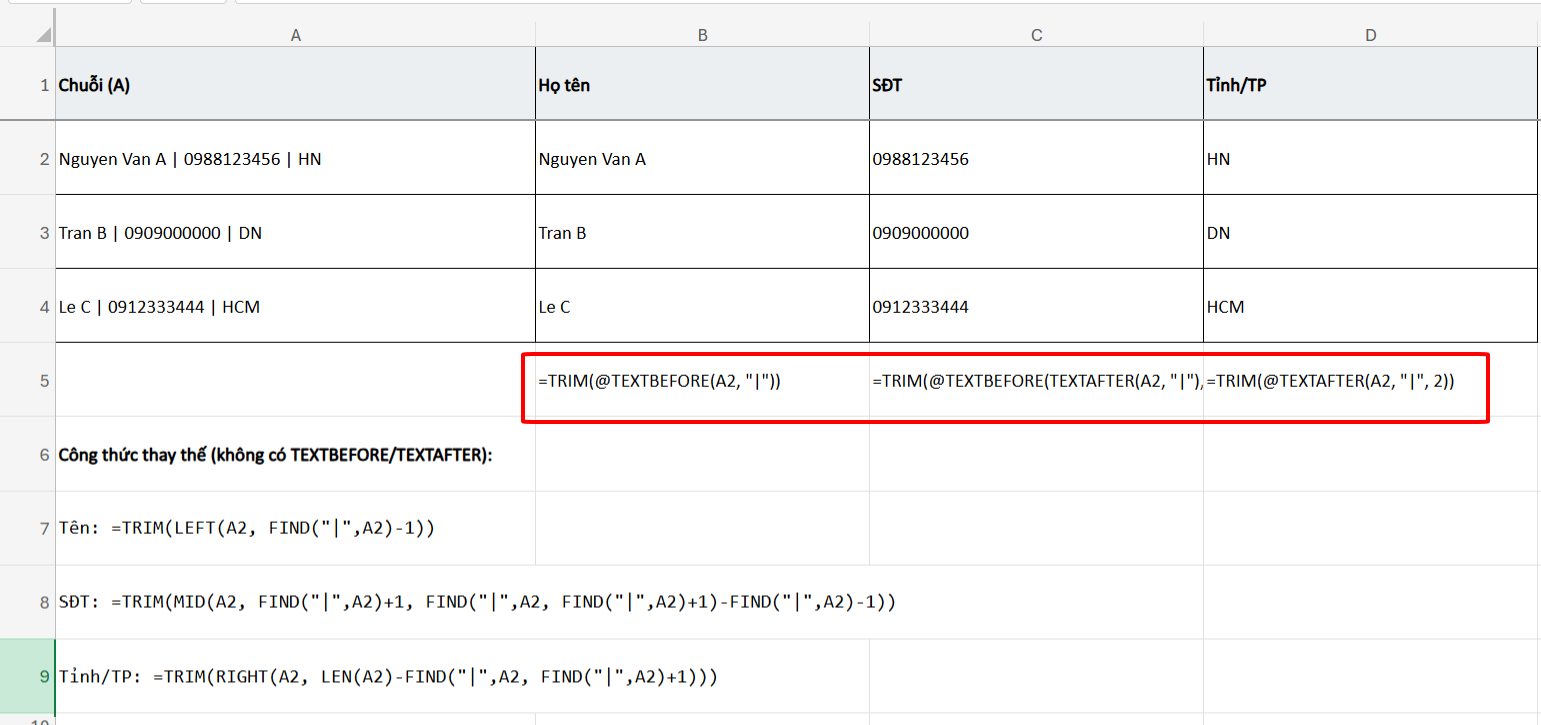 công thức sử dụng hàm TEXTAFTER và TEXTBEFORE để lấy ký tự