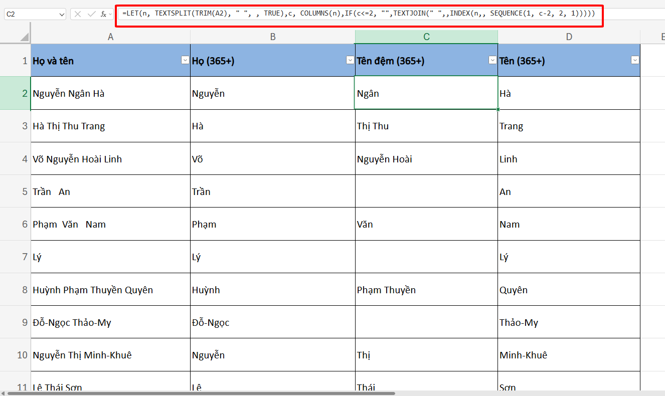 công thức tách Tên Đệm cho Excel 365