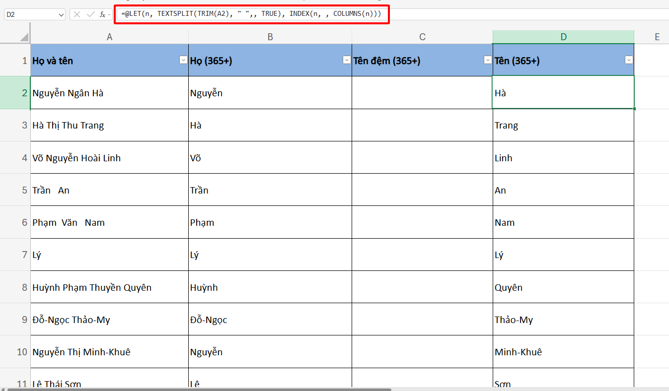 công thức tách Tên cho Excel 365