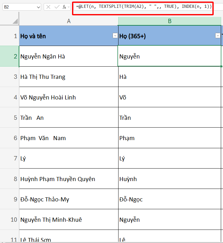 công thức tách họ cho excel 365