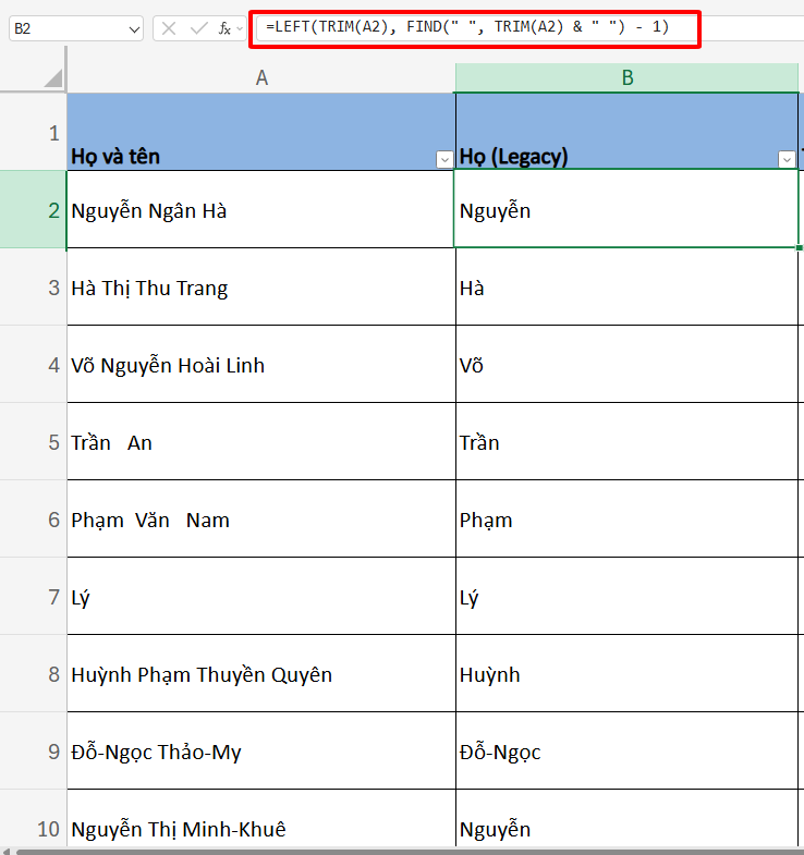 công thức tách họ trong Excel