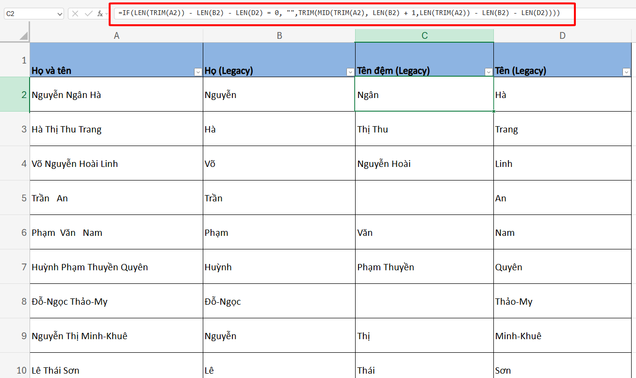 công thức tách phần Tên Đệm trong Excel