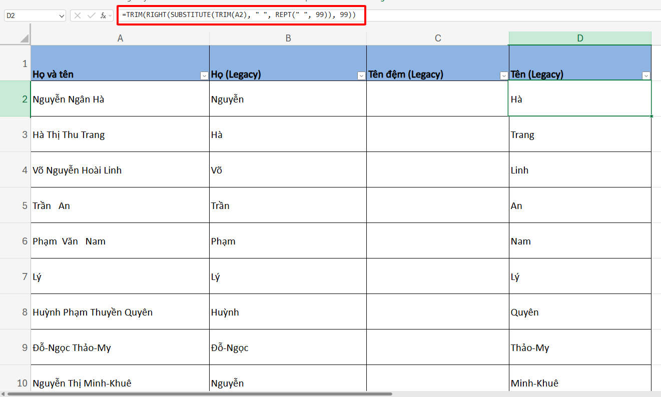 công thức tách tên trong Excel