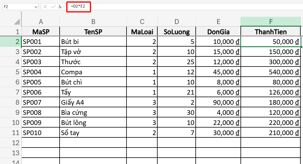 công thức tính thành tiền đơn giản