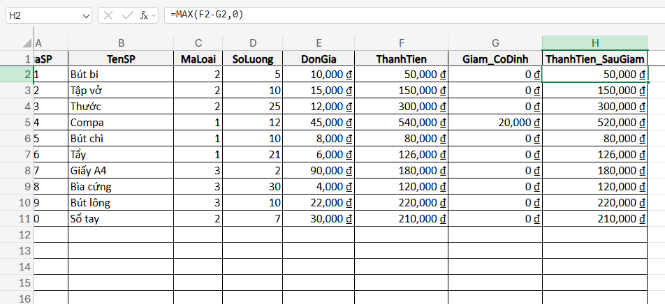 công thức tính thành tiền khi giảm giá cố định theo giá trị đơn hàng