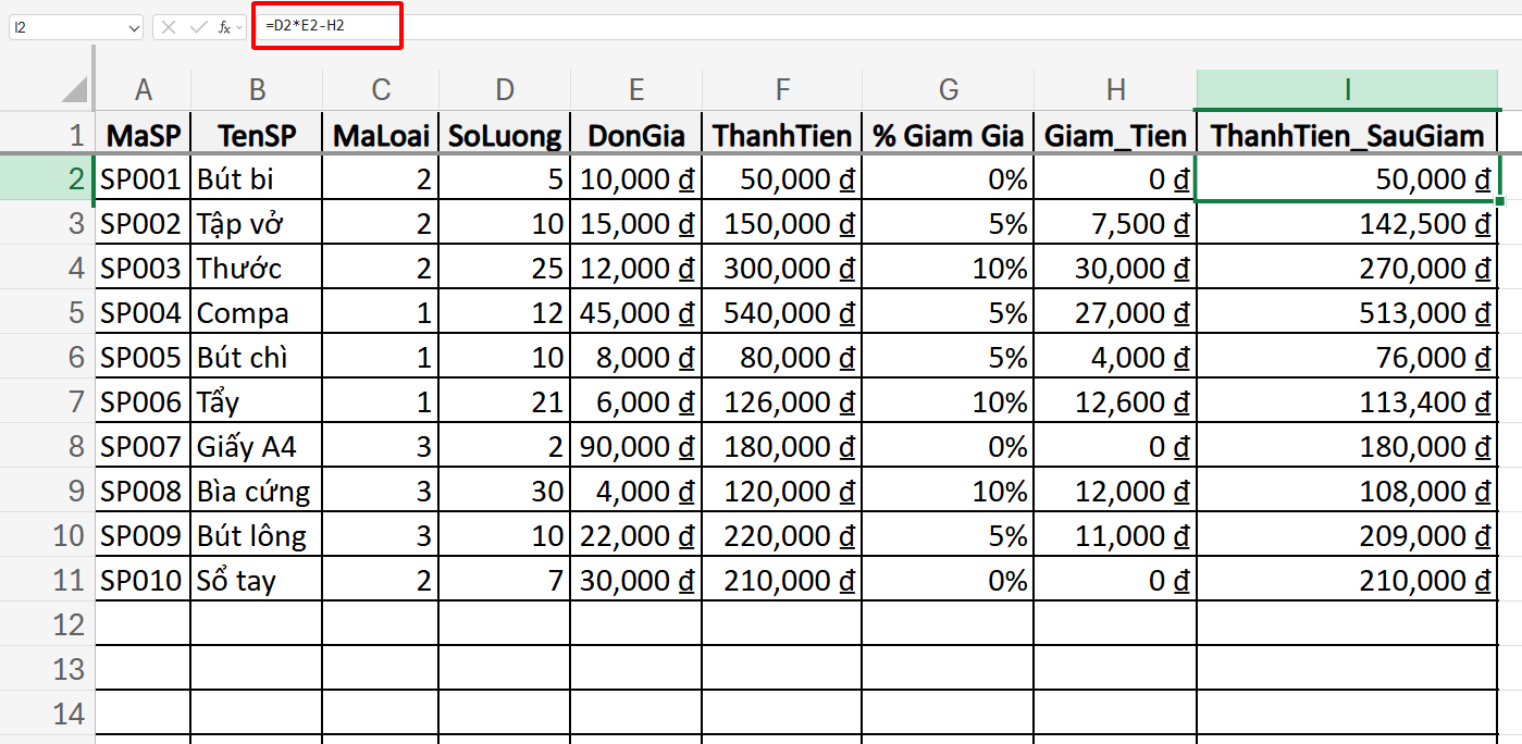 công thức tính thành tiền sau giảm giá theo số lượng