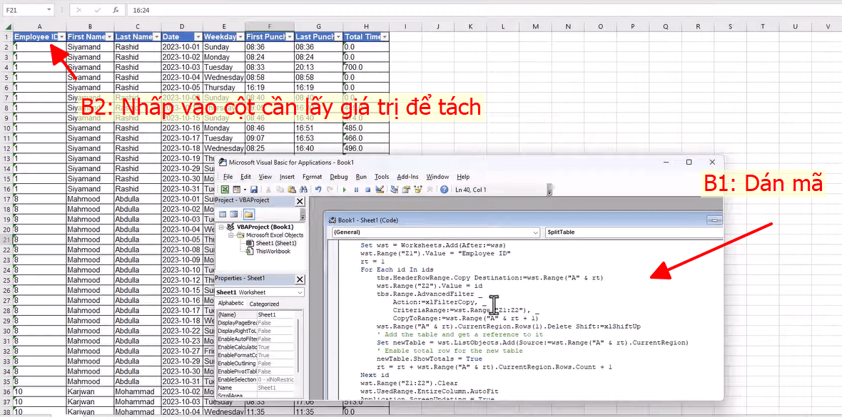dán mã VBA để tách bảng