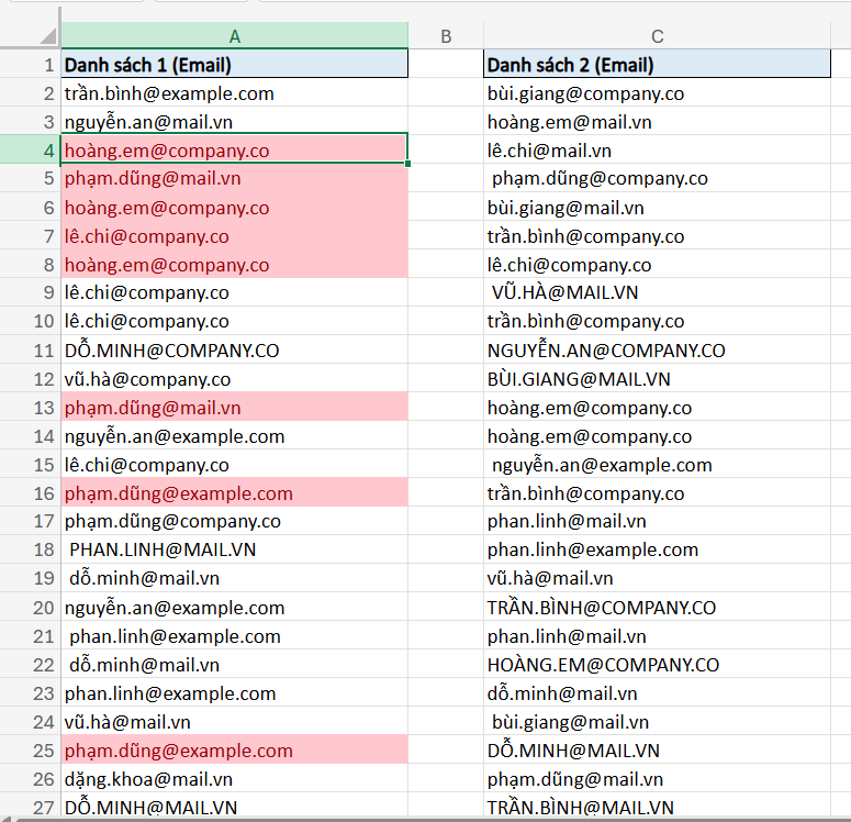 đánh dấu giá trị danh sách 1 có trong danh sách 2