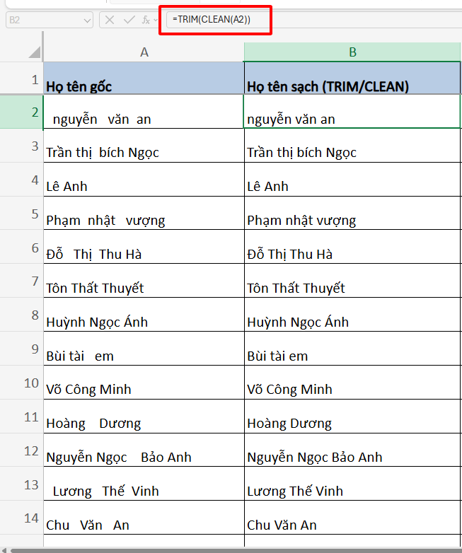 dọn sạch dự liệu với hàm CLEAN và TRIM