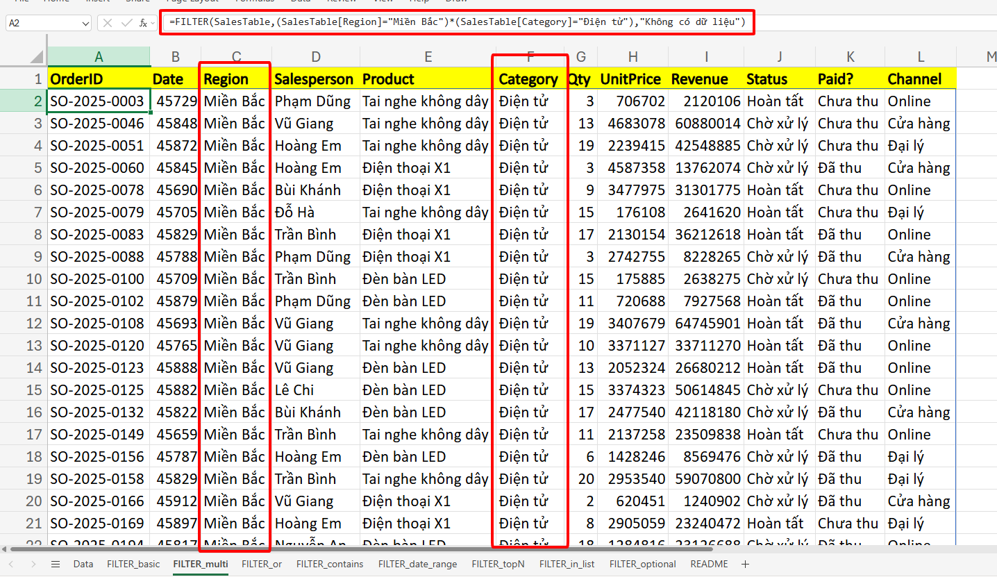 hàm FILTER lọc giá trị nhiều điều kiện AND