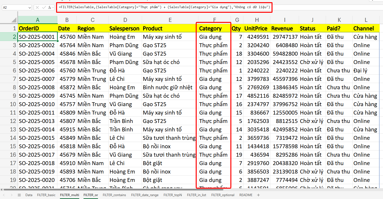 hàm FILTER lọc giá trị nhiều điều kiện OR