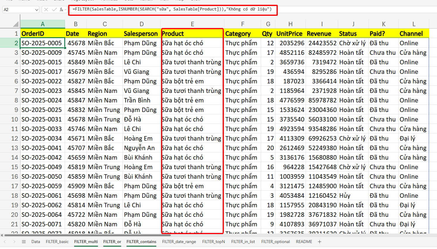 hàm FILTER lọc giá trị theo từ khóa