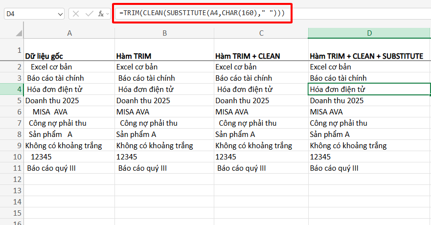 hàm TRIM kết hợp hàm CLEAN và SUBSTITUTE để xóa khoảng trắng