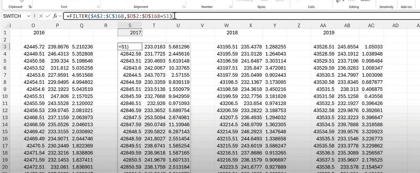 kéo hàm sang để tách bảng tương tự cho các năm