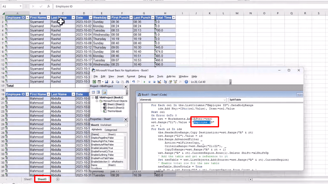 kết quả khi chạy mã VBA tách bảng