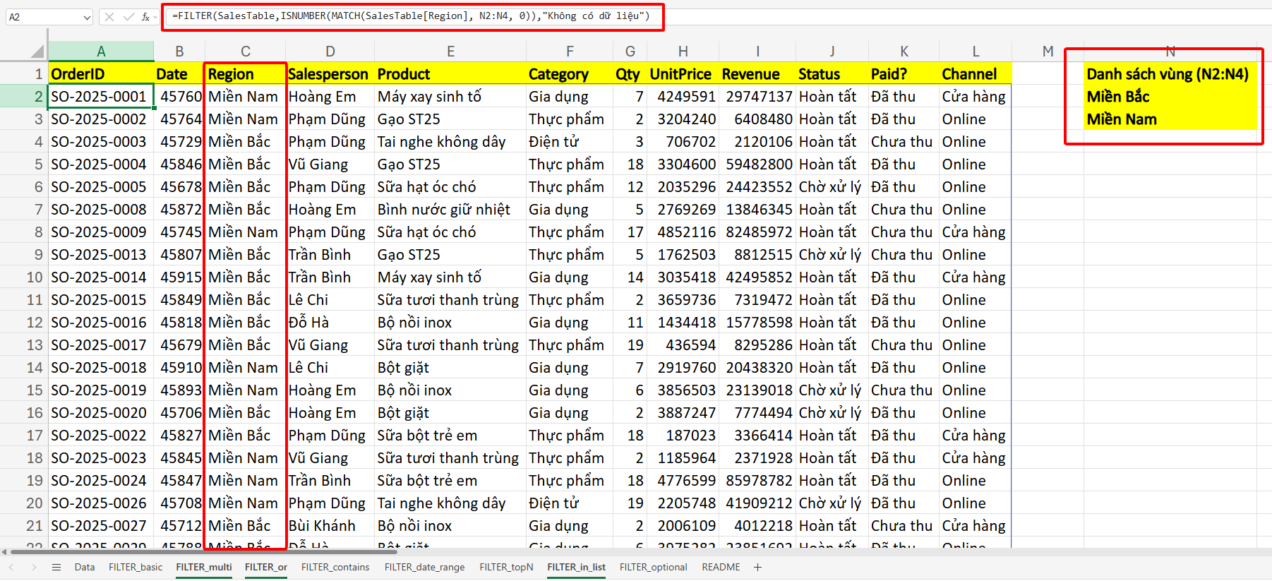 lọc dữ liệu theo danh sách với FILTER