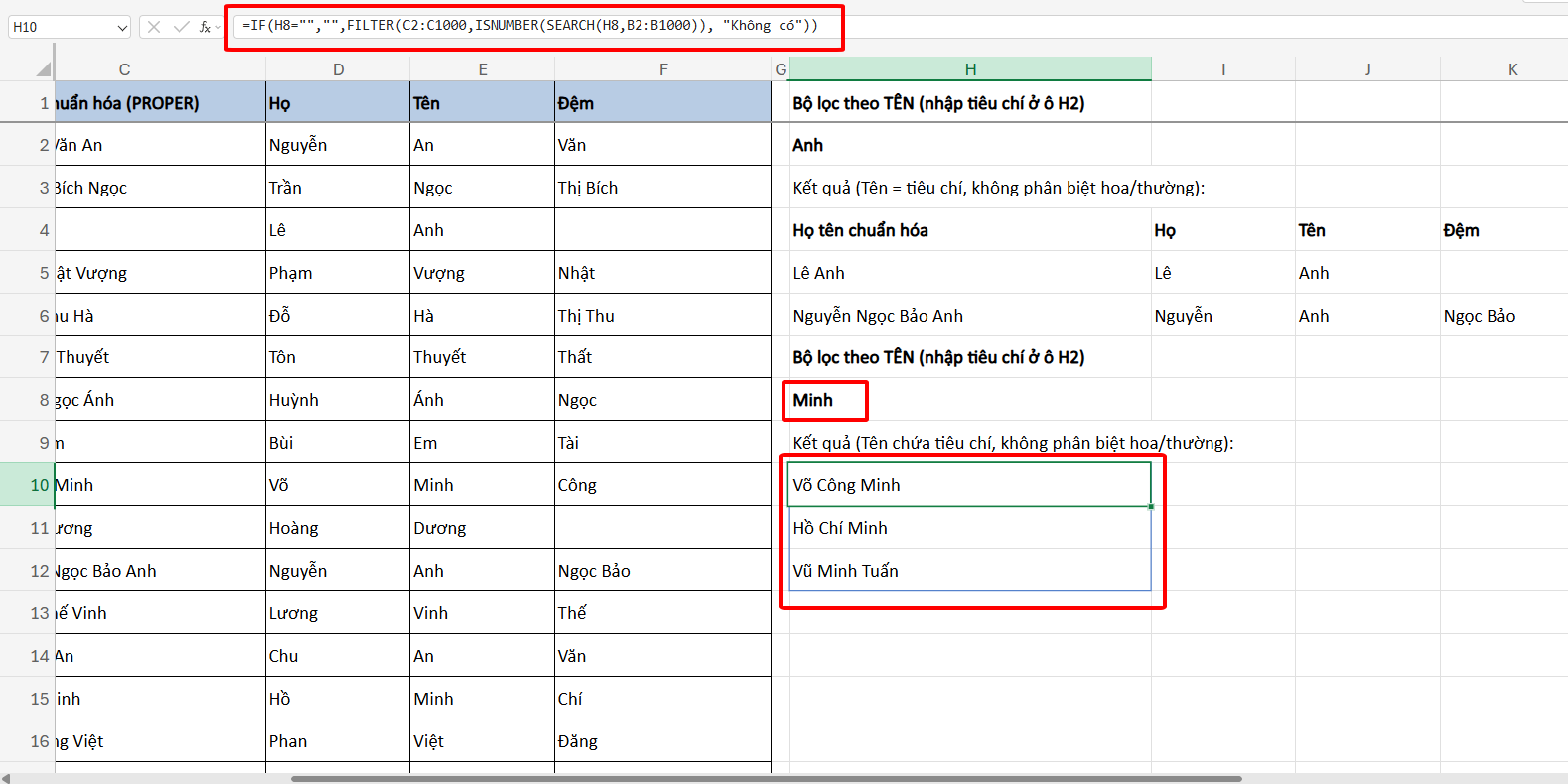 lọc tất cả giá trị tên có chứa từ khóa