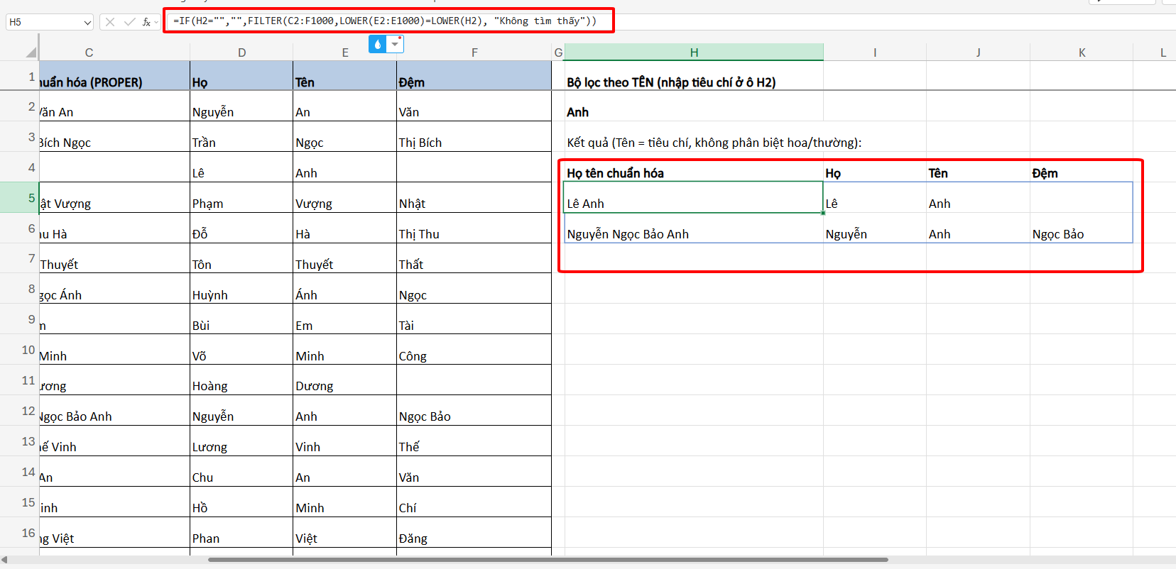 lọc theo tên không phân biệt chữ hoa, chữ thường